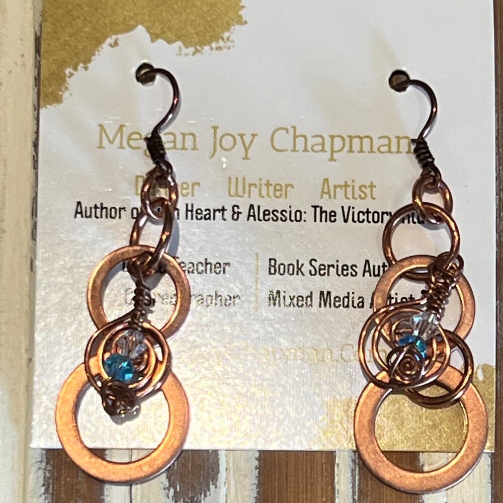 Solid Copper Earrings with Aqua Blue and Crystal Bead NWT Megan Joy Chapman